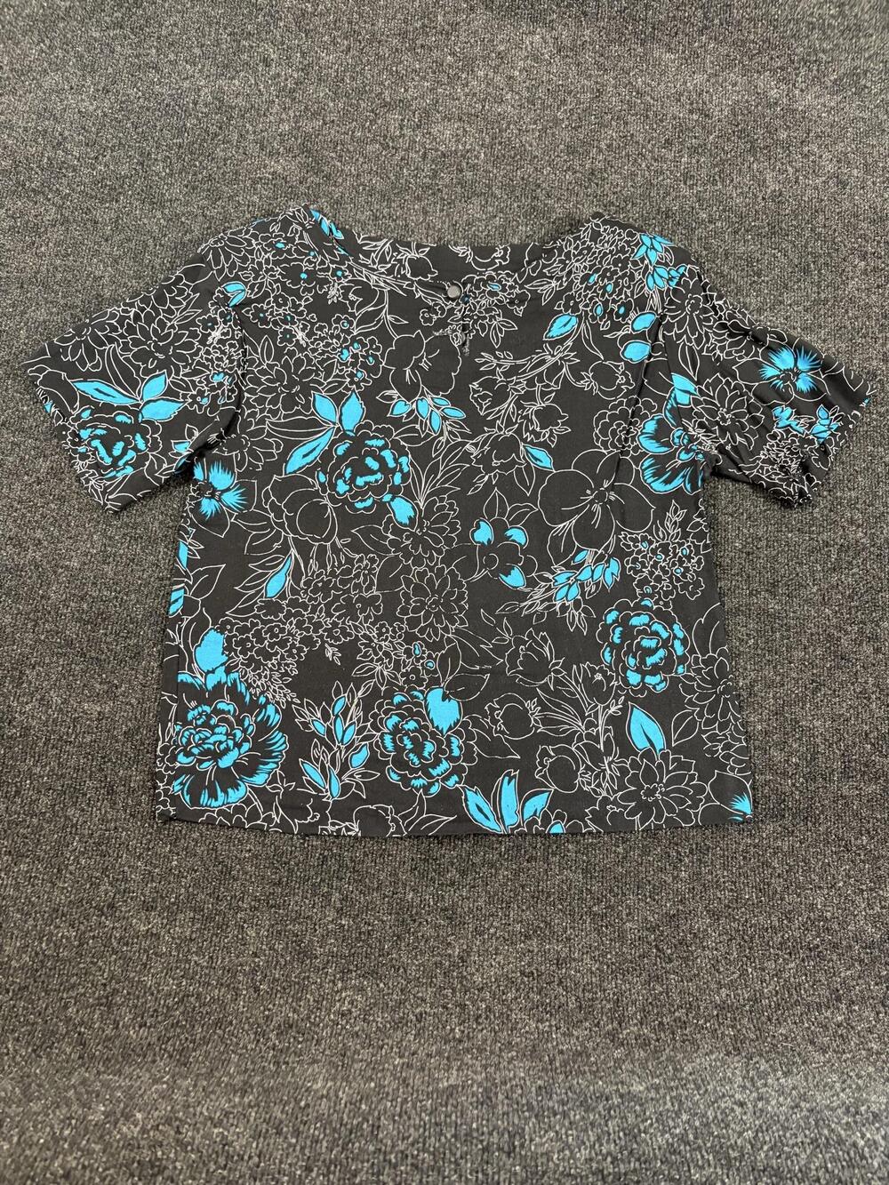 Vintage Jaclyn Smith Blouse Womens 14 Black Blue Floral Puff Sleeve Rayon USA